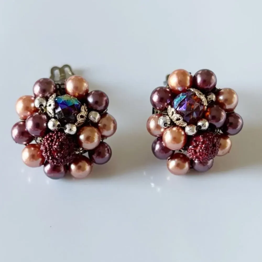 Vintage Cluster Bead Clip On Earrings Japan Earrings Purple